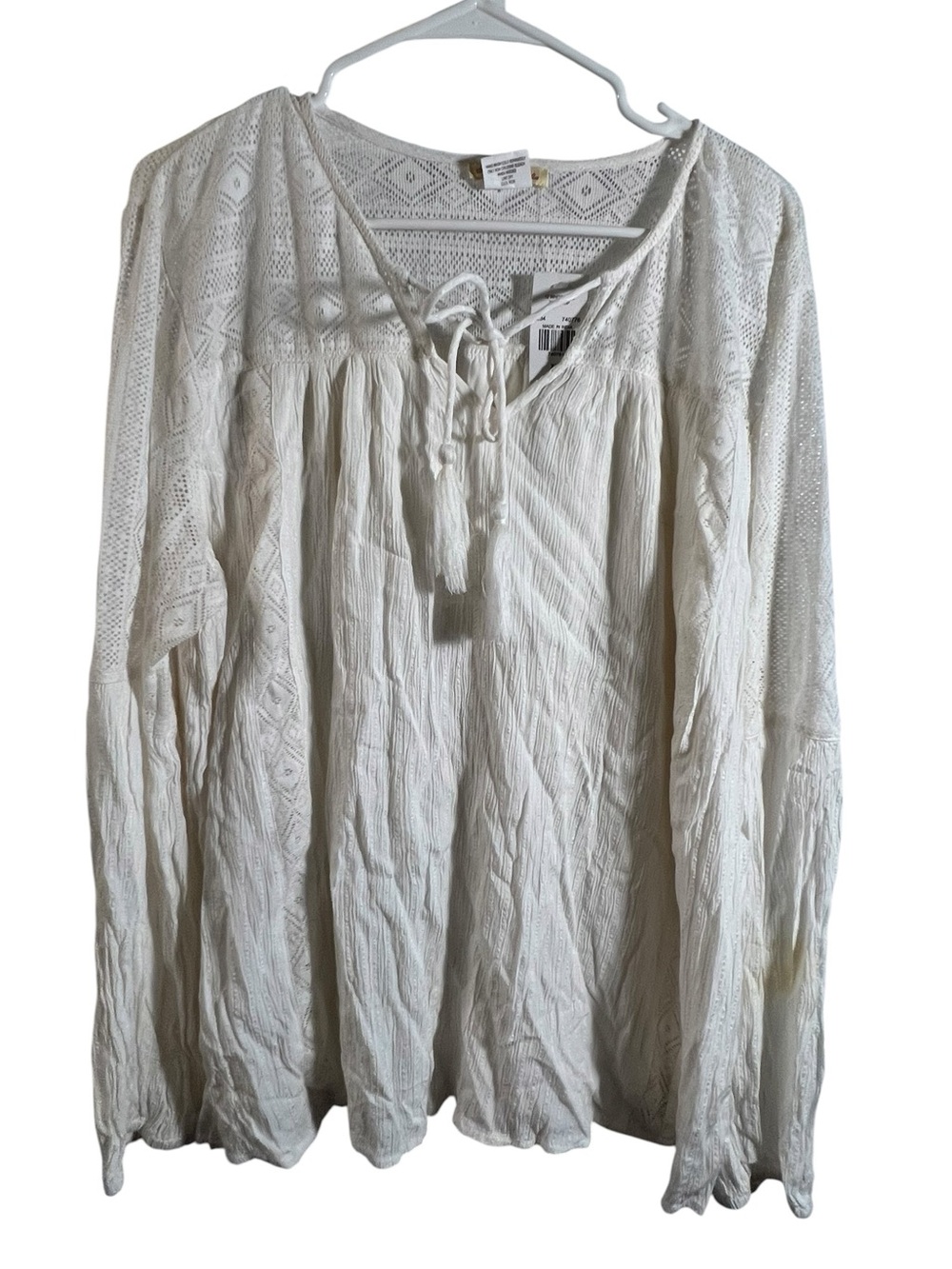 Sweet Magnolia Women’s Size XXL Peasant Blouse White Cream Lace Crochet Boho